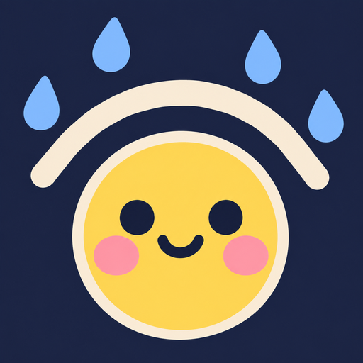 Doodle Downpour app icon: a smiling yellow sticker under a hand-drawn cream shield, with blue raindrops falling around it